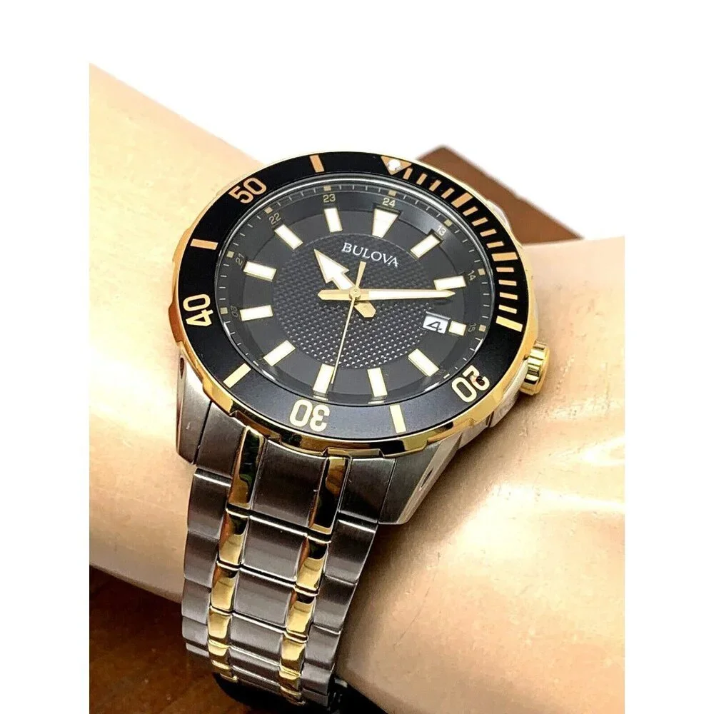 Bulova Men's Watch 98B394 Black Dial Date Quartz Two Tone Stainless Steel 44mm